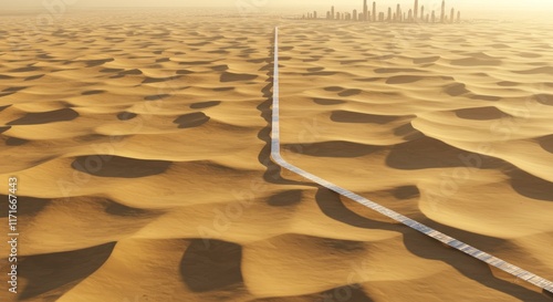 Glass Line In Middle Of Desert , City Line Goes to Buildings in desert, Neom City Saudi Arabia, New futuristic  photo