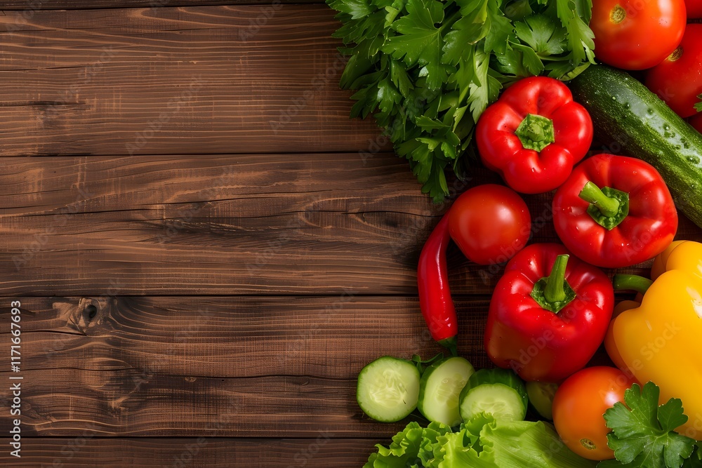 Assorted fresh vegetables including red and yellow bell peppers, tomatoes, cucumbers, parsley, and lettuce on the top left of a dark wooden background. Flat lay composition with copy space. Assorted fresh vegetables including red and yellow bell peppers, tomatoes, cucumbers, parsley, and lettuce on the top left of a dark wooden background. Flat lay composition with copy space.