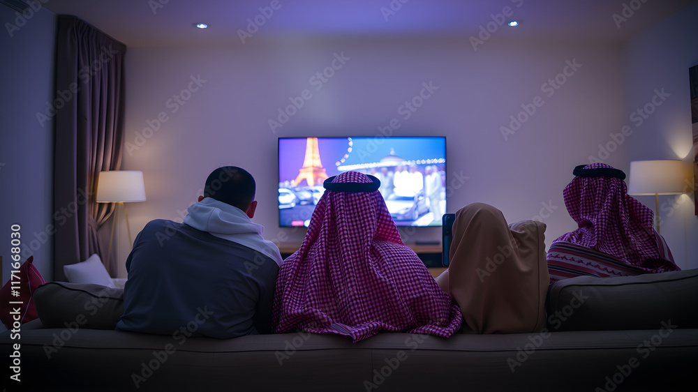 Naklejka premium back view of a Saudi family watching tv in the living room and sitting on a couch, back view. Generative AI