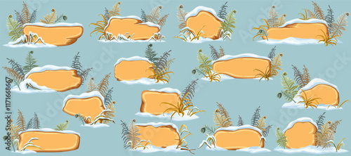 Withered grass under snow. Swamp fern winter. Broken weed and snowdrifts. Set isolated wooden cartoon game panels, boards for covers, banners, notebooks, games. Vector signboards in snowdrifts.