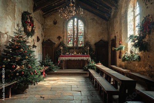 Wallpaper Mural Rustic Church Interior Decorated for Christmas with a Beautifully Lit Tree, Wreaths, Garland, and a Festive Altar Beneath Stained Glass Windows Creating a Cozy Holiday Atmosphere Torontodigital.ca