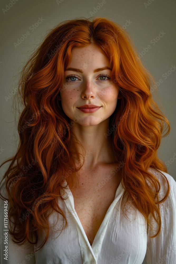 A woman with long red hair and freckles on her face A woman with long red hair and freckles on her face