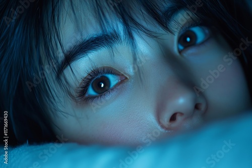 Anxiety disorder on insomnia woman concept, sleepless Woman open eye awakening on the bed at night time can't sleep from symptom of depression diseased. Generative AI