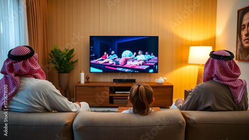 back view of a Saudi family watching tv in the living room and sitting on a couch, back view. Generative AI photo