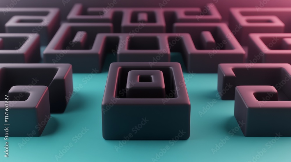 Obraz premium A modern, abstract design featuring interlocking geometric shapes on a turquoise background, highlighting depth and perspective with a sleek finish.