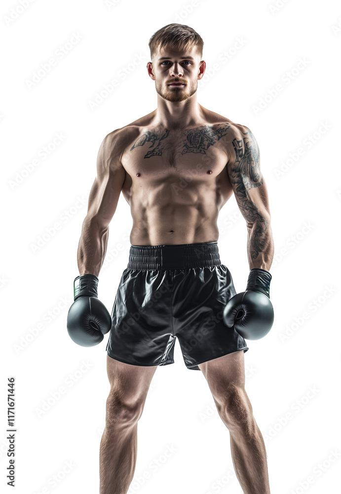 Male lightweight boxer standing confidently in boxing gloves and shorts, isolated on transparency background, showcasing strong and determined expression Male lightweight boxer standing confidently in boxing gloves and shorts, isolated on transparency background, showcasing strong and determined expression