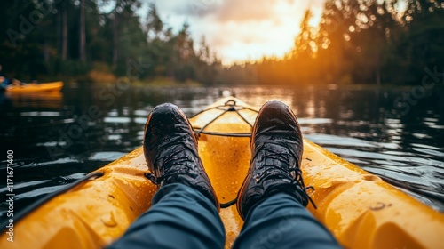 A pair of feet in hiking boots resting on a yellow kayak as the sun sets over tranquil waters, offering a perfect moment of relaxation and connection with nature.