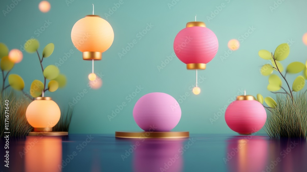 A vibrant scene featuring colorful lanterns and a pink orb, set against a teal background with decorative greenery. A vibrant scene featuring colorful lanterns and a pink orb, set against a teal background with decorative greenery.