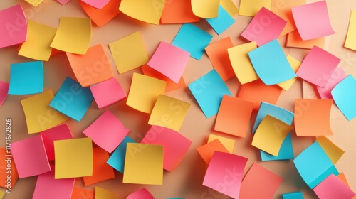 Colorful sticky notes scattered on a surface. AI.
