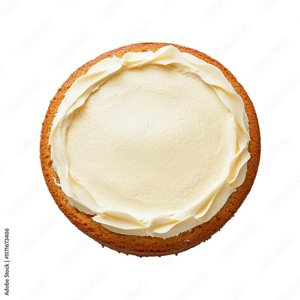 top view of round sponge cake with smooth white icing and decorative edges on cake platter, showcasing simple and elegant dessert presentation top view of round sponge cake with smooth white icing and decorative edges on cake platter, showcasing simple and elegant dessert presentation