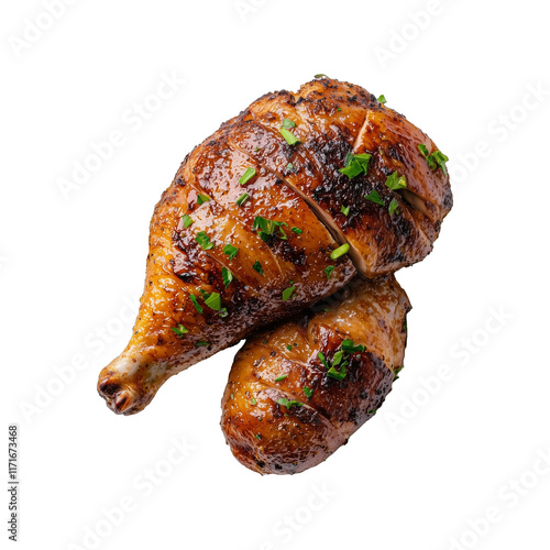 Juicy roasted chicken leg and thigh garnished with fresh herbs, isolated on transparency background, showcasing golden brown crispy skin and appetizing texture photo