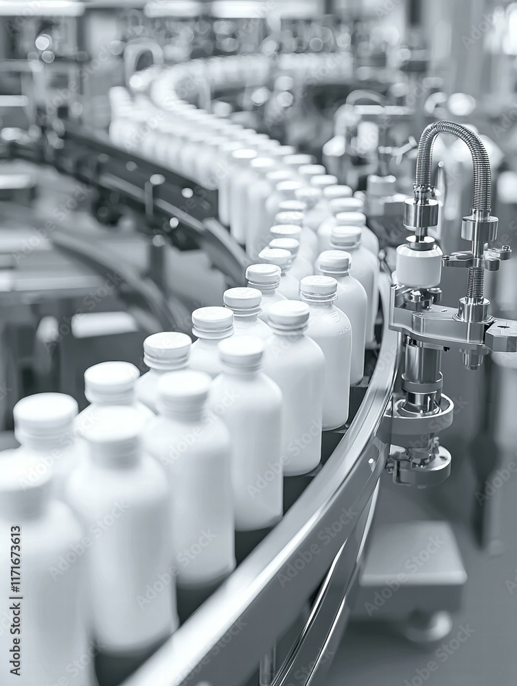 Obraz premium White bottles moving on a conveyor belt in a factory. AI.