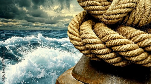 Close-up of thick nautical rope tied around a weathered bollard against a stormy sea background. photo