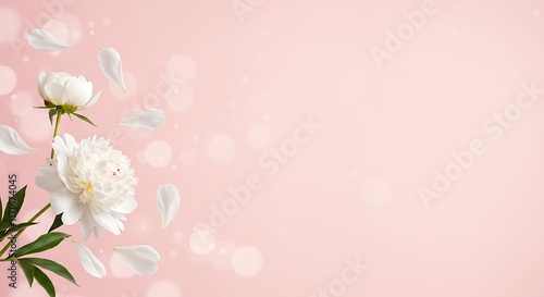 Beautiful white peony flowers and petals in flight against a light pink pastel background with copy space. A creative floral layout for spring. Spring blossom backdrop