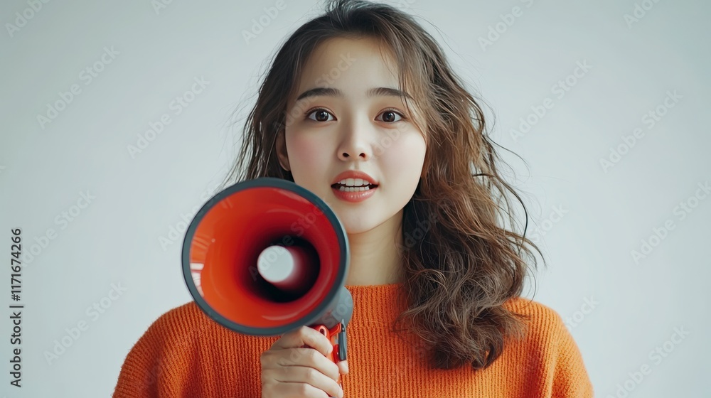 A cheerful young woman wearing an orange sweater holds a megaphone, radiating joy and allure as she commands attention in a light, airy environment. A cheerful young woman wearing an orange sweater holds a megaphone, radiating joy and allure as she commands attention in a light, airy environment.