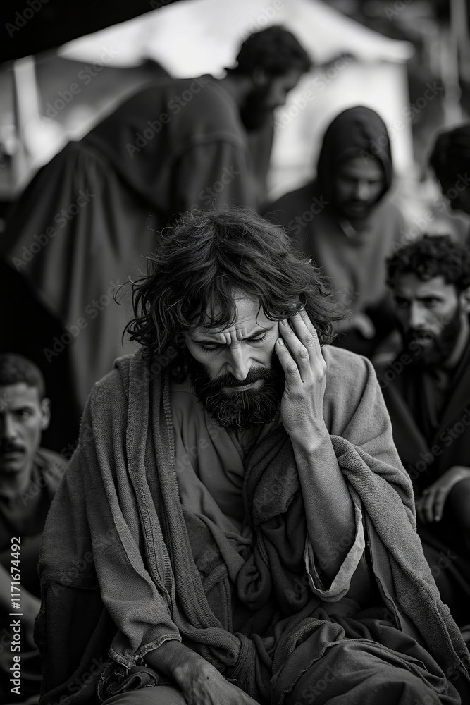 Naklejka premium A man sitting in front of a group of people with a beard