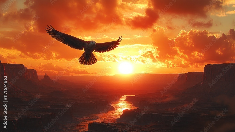 Naklejka premium Fiery sunset, canyon landscape, soaring hawk.