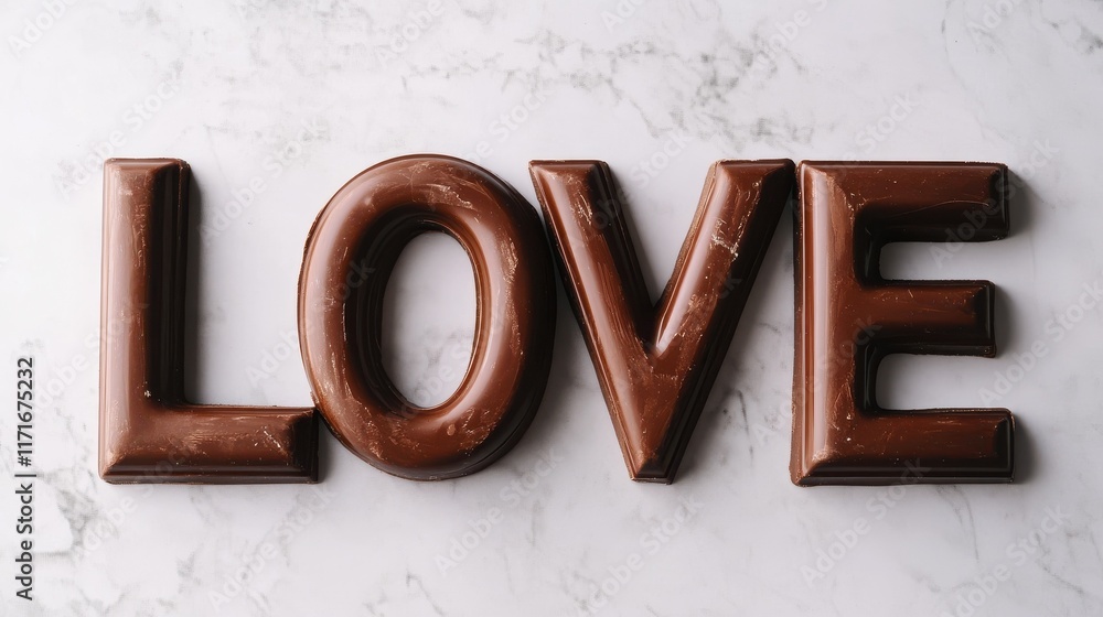 Delightful chocolate letters spelling love displayed on a smooth white surface for a sweet, romantic touch Delightful chocolate letters spelling love displayed on a smooth white surface for a sweet, romantic touch