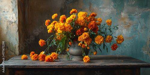Wallpaper Mural Vintage Marigold Bouquet in Rustic Vase on Aged Wooden Table  Torontodigital.ca