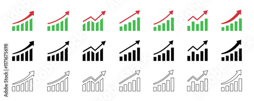 Growing Graph Icons Collection. Graph diagram up vector icons in line and fill style. Colorful business growth success chart with arrow, business bar sign, profit growing symbol, progress bar symbol. 