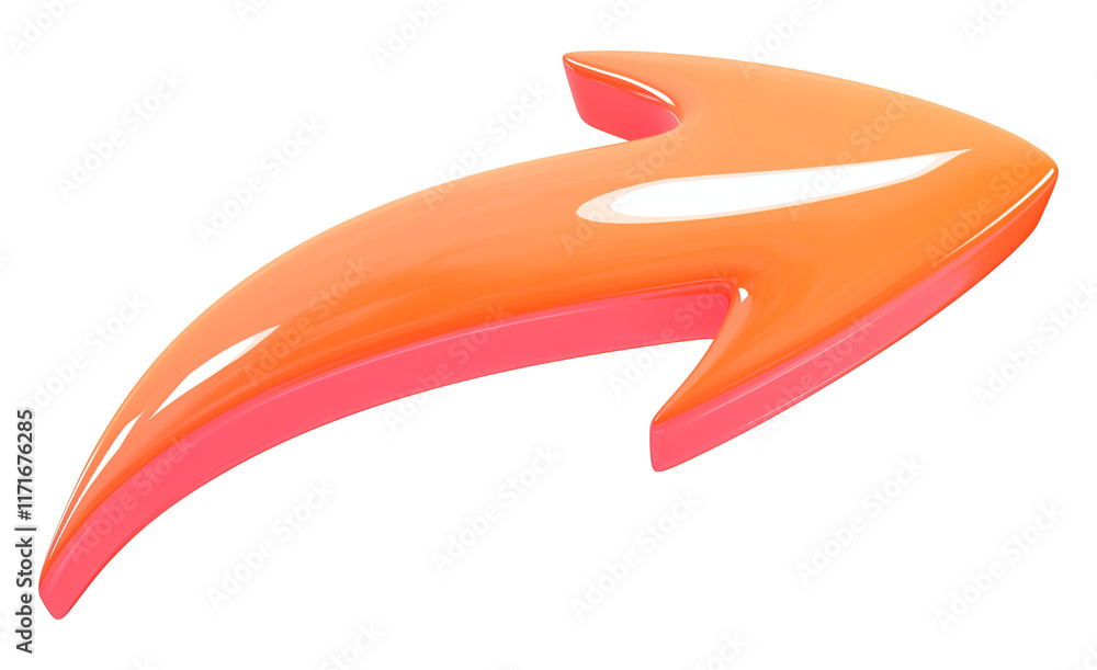 Naklejka premium smooth, curved arrow in vibrant orange and pink gradient colors with glossy plastic texture, isolated on transparency background