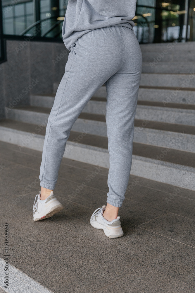 Cute girl model in a sporty comfortable casual gray outfit with a hoodie and sweatpants posing outdoor Cute girl model in a sporty comfortable casual gray outfit with a hoodie and sweatpants posing outdoor