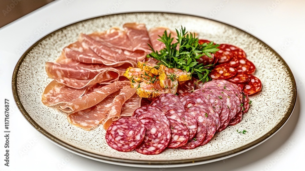 A platter of assorted cured meats garnished with herbs. A platter of assorted cured meats garnished with herbs.
