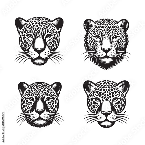 Jaguar Face Silhouette Vector Set – Black and White Big Cat Illustrations