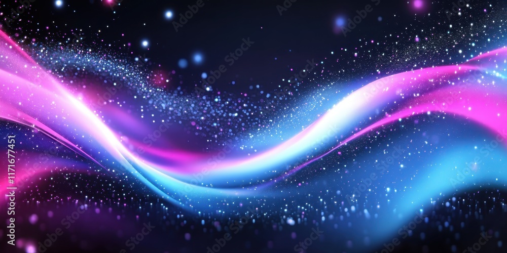 Fototapeta premium Cosmic abstract, vibrant pink and blue nebula, swirling energy waves, starry background, celestial dust, ethereal glow, dynamic movement, deep space, galactic vortex, magical atmosphere, colorful univ