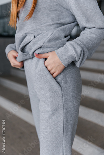 Cute girl model in a sporty comfortable casual gray outfit with a hoodie and sweatpants posing outdoor photo