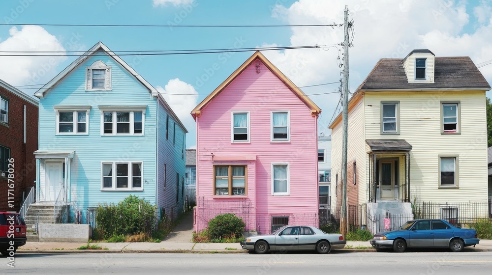 Pastel houses line a sunny street, parked cars nearby. Pastel houses line a sunny street, parked cars nearby.