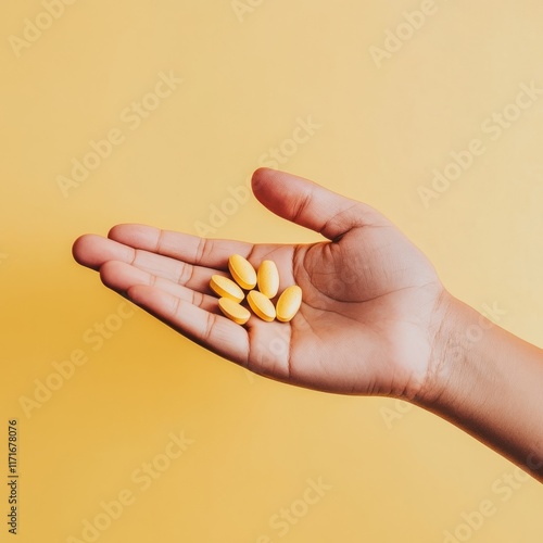 Hand holding pills with medicine for health care photo