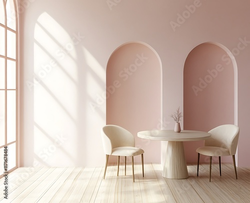 Modern light pink dining room interior with a white wooden floor, arched windows, and a round table for two people near the wall photo