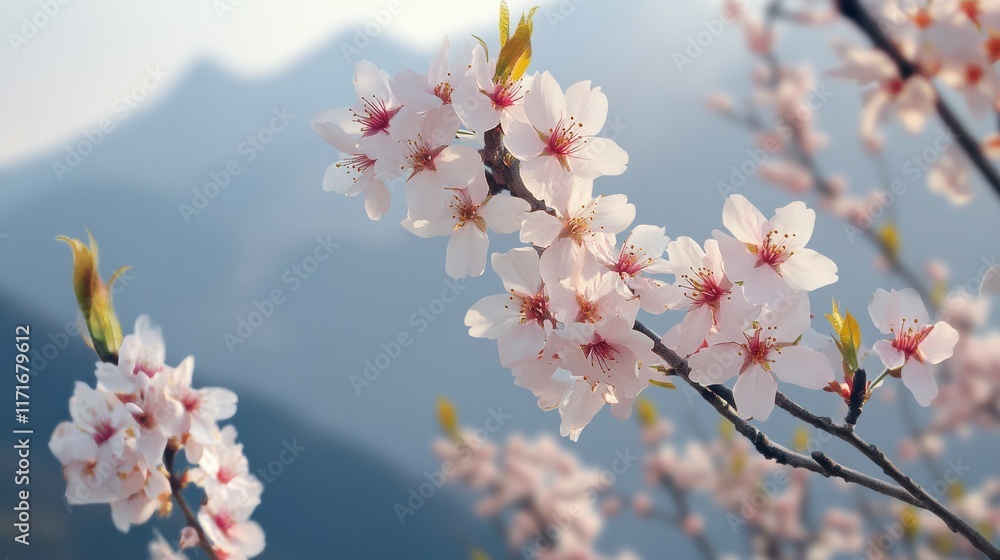 Delicate cherry blossoms with a scenic mountain backdrop, capturing the serene beauty of nature in the spring season. Delicate cherry blossoms with a scenic mountain backdrop, capturing the serene beauty of nature in the spring season.