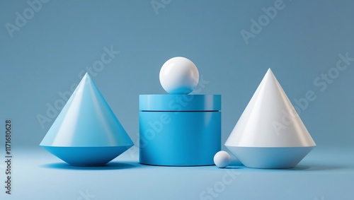 A 3d redndering minimalist composition featuring geometric shapes—cones, a cylinder, and a sphere—against a clean blue backdrop. Perfect for illustrating concepts of balance, geometry, or minimalism photo