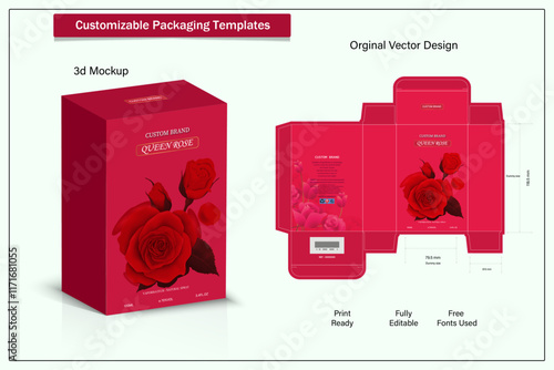 Perfume Packaging box design with, luxury box design template, Box die line, 3d Box Mockup, and Design elements. Illustration Vector design Template.	