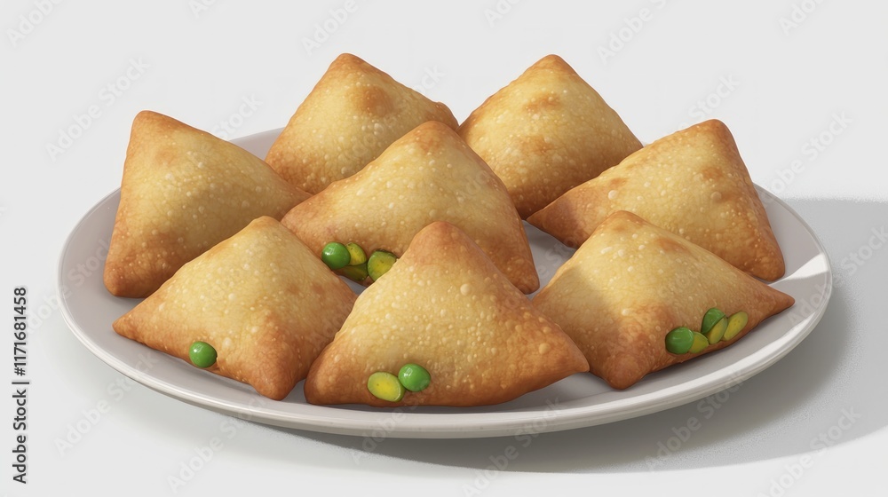 A plate of golden, triangular pastries with green fillings. A plate of golden, triangular pastries with green fillings.