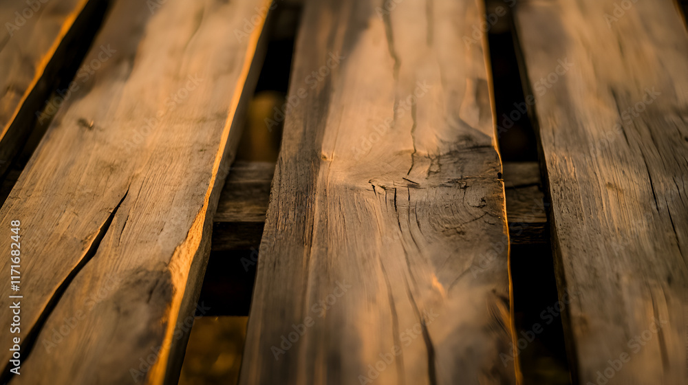 Rustic Wooden Pallet Texture: Warm, golden hour light bathes the rich, dark brown tones of a weathered wooden pallet, showcasing its natural grain, texture, and knots in a detailed close-up shot. Rustic Wooden Pallet Texture: Warm, golden hour light bathes the rich, dark brown tones of a weathered wooden pallet, showcasing its natural grain, texture, and knots in a detailed close-up shot.