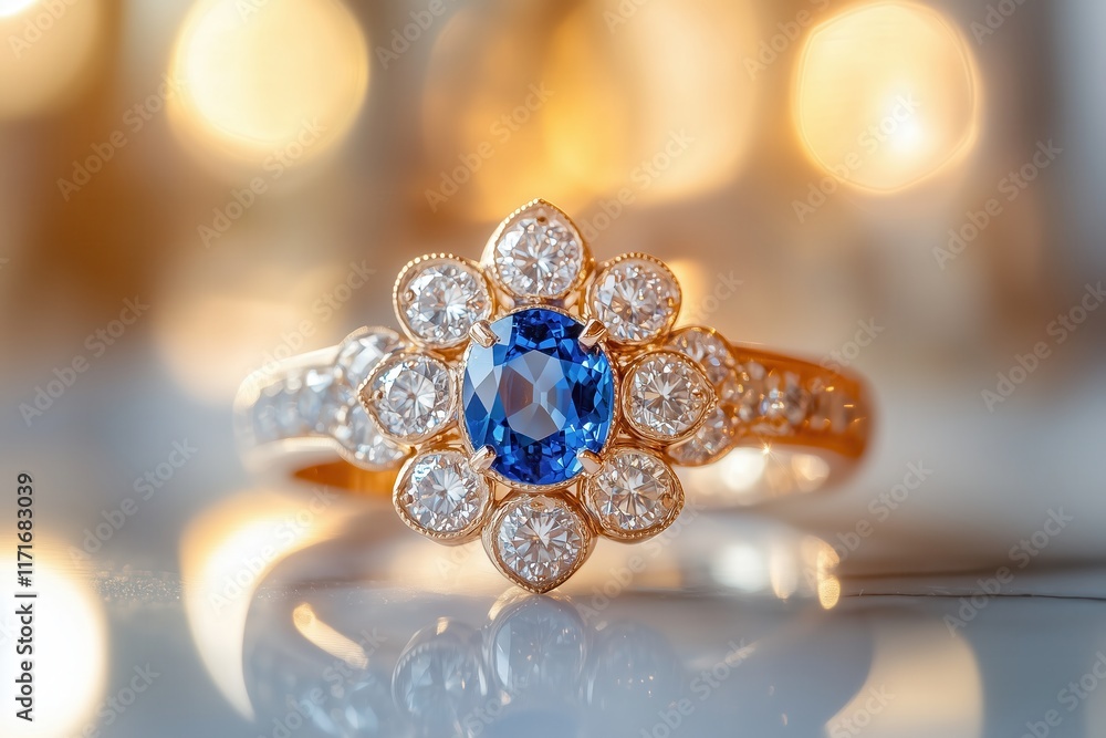 Sapphire ring with diamonds in elegant lighting Sapphire ring with diamonds in elegant lighting