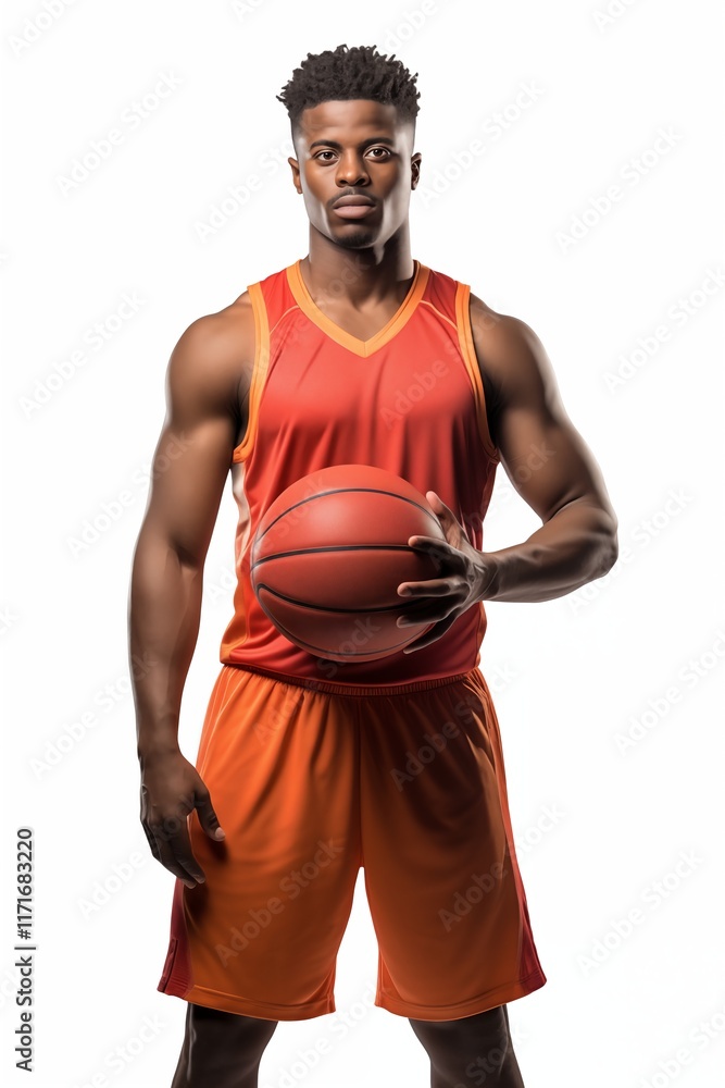 A confident basketball player poses with a ball, ready for action on the court. Perfect for sports-related themes. A confident basketball player poses with a ball, ready for action on the court. Perfect for sports-related themes.