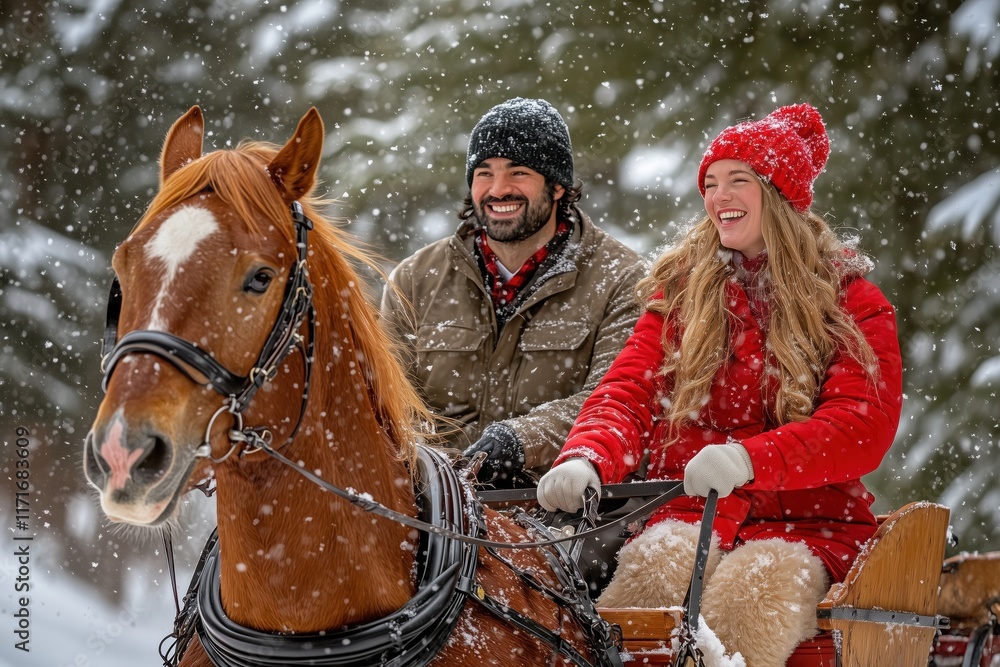 Fototapeta premium Couple enjoying a horse-drawn sleigh ride in the snow