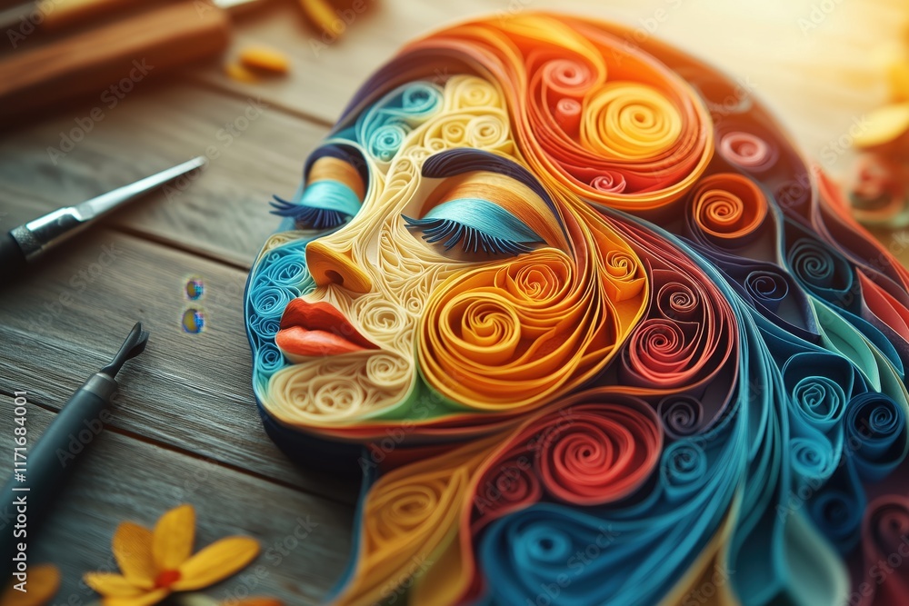 Fototapeta premium Quilling art of colorful woman’s face on wooden table