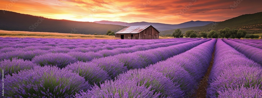 Fototapeta premium A mesmerizing view of a vast lavender farm at sunset, with rows of purple flowers leading to a rustic barn under a golden sky, Lavender farm scene