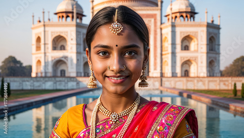 Portrait of a beautiful Indian woman near the Taj Mahal photo