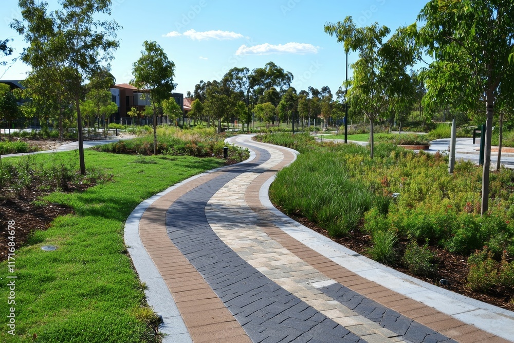 Curving pathway, landscaped park, residential area. Curving pathway, landscaped park, residential area.