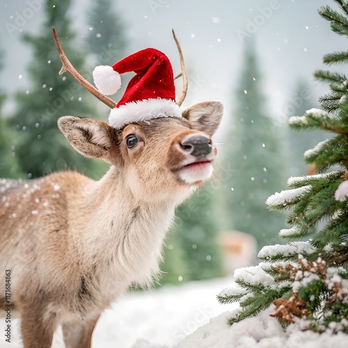 reindeer wearing santa claus hat, new year reindeer, christmas reindeer, santa claus reindeer, transparent background, png photo