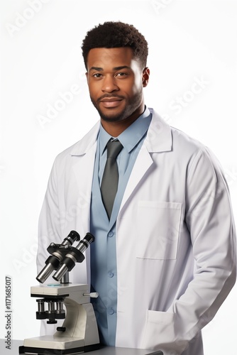 A confident scientist wearing a lab coat, standing beside a microscope, ready for research and discovery. photo