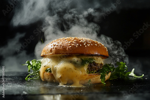 Gourmet cheeseburger with melted cheese, sesame bun, and fresh greens on a smoky black background photo