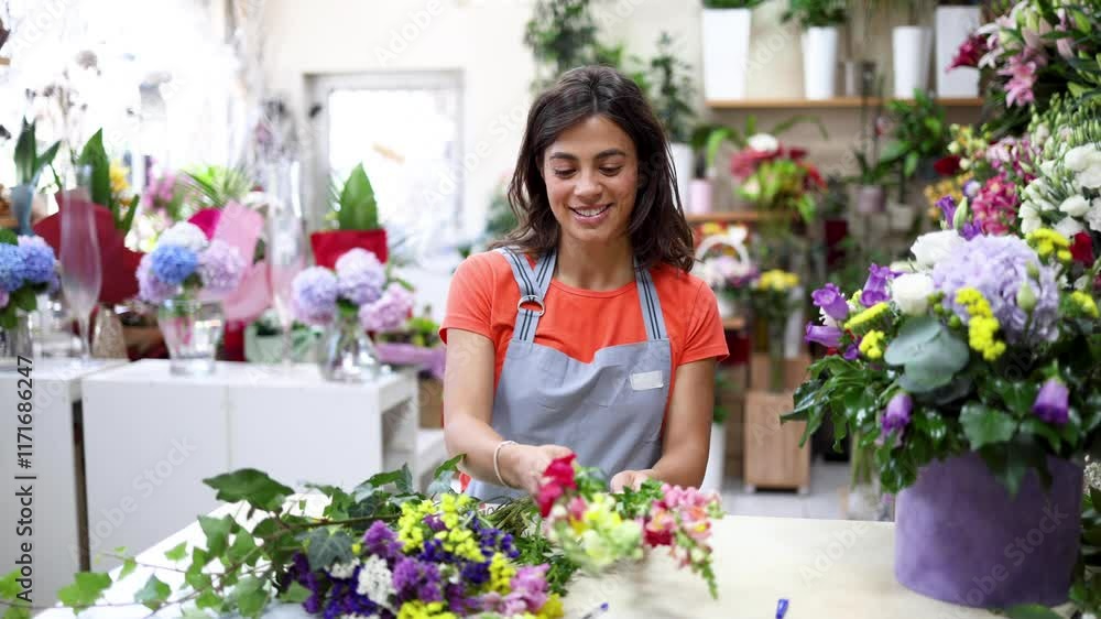 Video portrait of a beautiful, young florist working at her store Video portrait of a beautiful, young florist working at her store