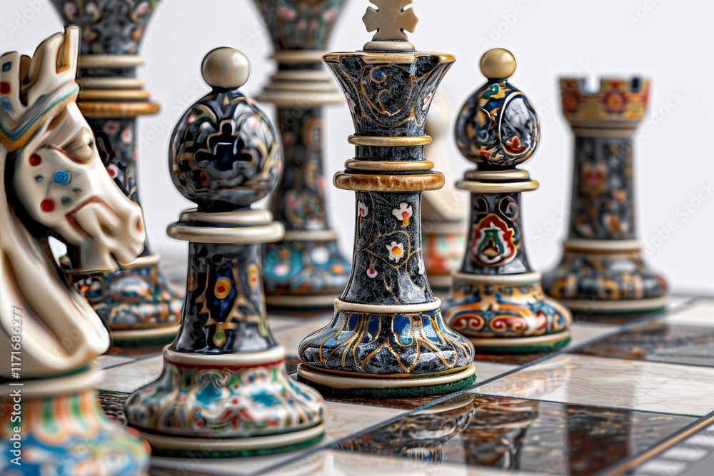 A detailed close-up of an ornate chess set, showcasing intricate designs and craftsmanship on the pieces. A detailed close-up of an ornate chess set, showcasing intricate designs and craftsmanship on the pieces.